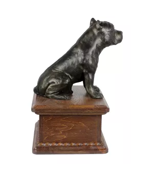 American Staffordshire Terrier, Amstaff - urn for dog ashes with a statuette, personalized wooden urn, small urn for dog ashes by Art-Dog brand