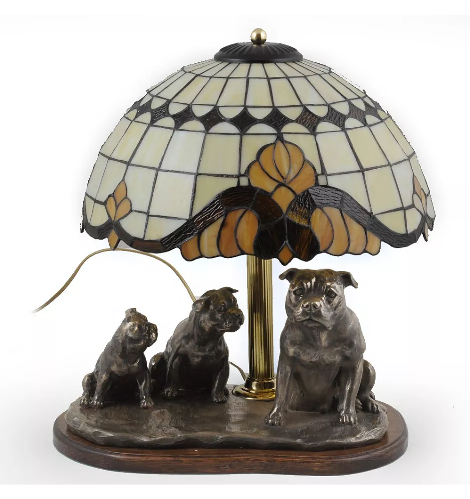 American Staffordshire Terrier, Amstaff - stained glass lamp with a lampshade, table lamp with a dog statue, interior decor in retro style by Art-Dog brand