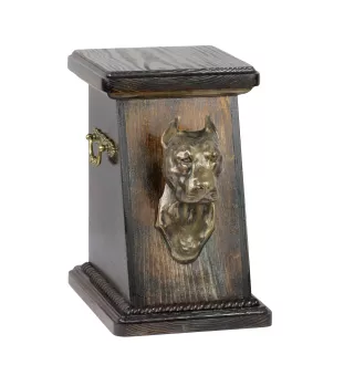 American Staffordshire Terrier, Amstaff III eine Ascheurne für Hunde, eine elegante Urne mit einer Statue, eine Gedenkurne mit dem Porträt eines Hundes von der Marke Art-Dog