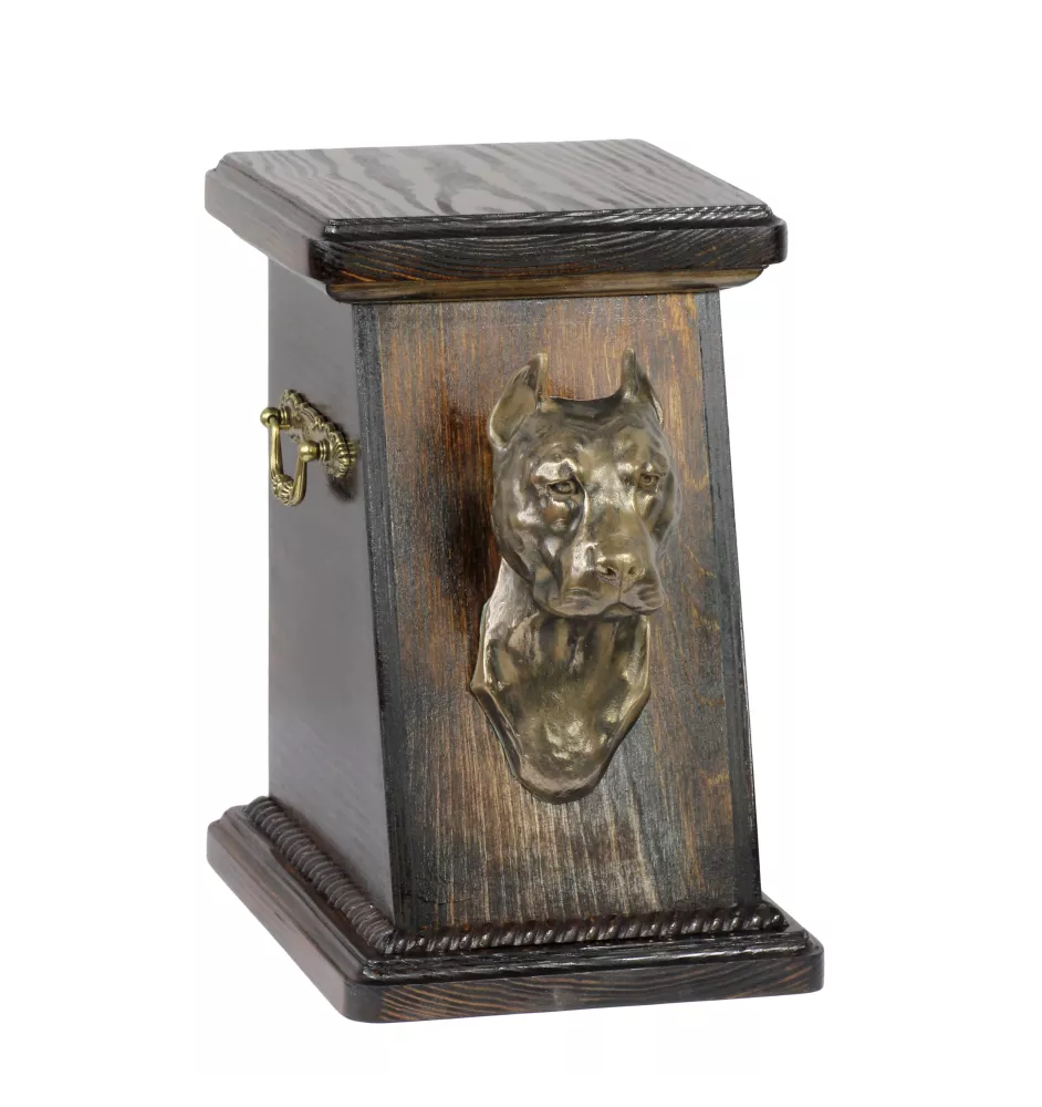 American Staffordshire Terrier, Amstaff III eine Ascheurne für Hunde, eine elegante Urne mit einer Statue, eine Gedenkurne mit dem Porträt eines Hundes von der Marke Art-Dog