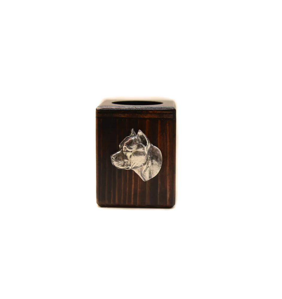 American Staffordshire Terrier, Amstaff II - wooden candle holder with a dog, a unique souvenir after losing a dog, a handicraft from the Art-Dog brand