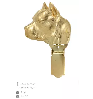 American Staffordshire Terrier, Amstaff I - brooch with a clip, gold-plated holder for a race number, elegant dog show pin from Art-Dog brand