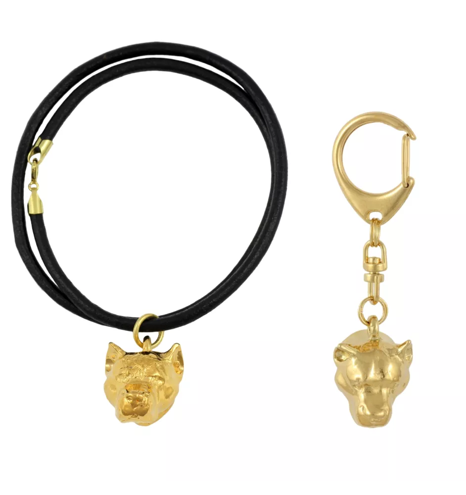American Staffordshire Terrier, Amstaff, Am staff, Staff - porte-clés et collier avec chien dans une boîte, produit plaqué or de haute qualité, marque Art-Dog