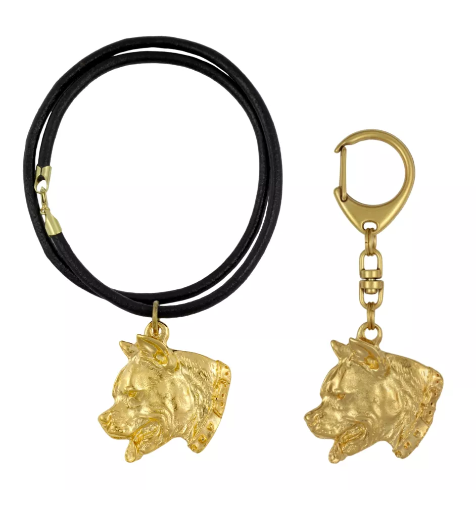Amerykański Staffordshire terrier brelok i naszyjnik pozłacane w pudełku Art-Dog