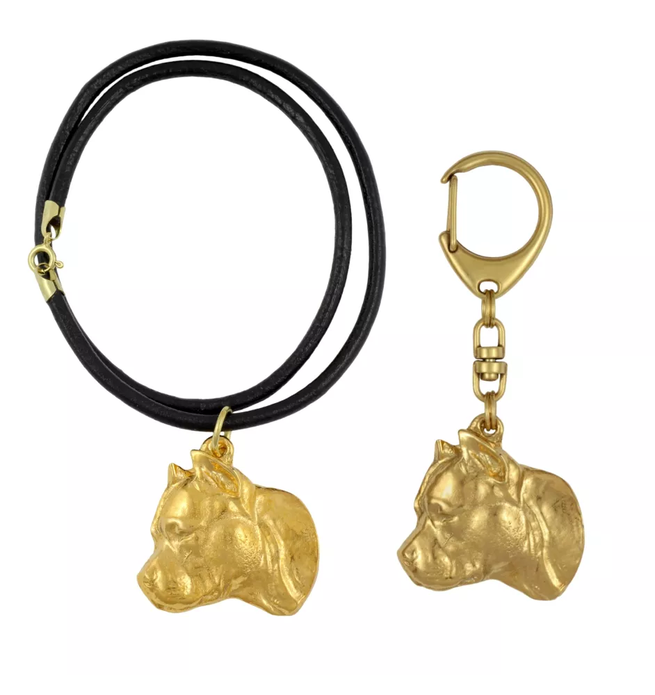 American Staffordshire Terrier, Amstaff, Am staff, Staff II - porte-clés et collier avec chien dans une boîte, produit plaqué or de haute qualité, marque Art-Dog