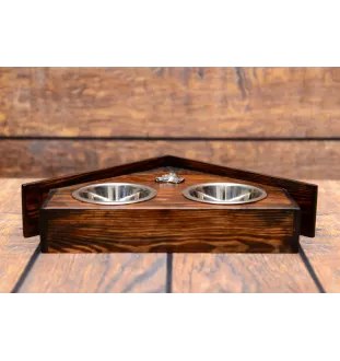 American Staffordshire Terrier, Amstaff II - wooden stand with bowls for a dog, decorative dog bowls, a gift for adopting a dog from the Art-Dog brand