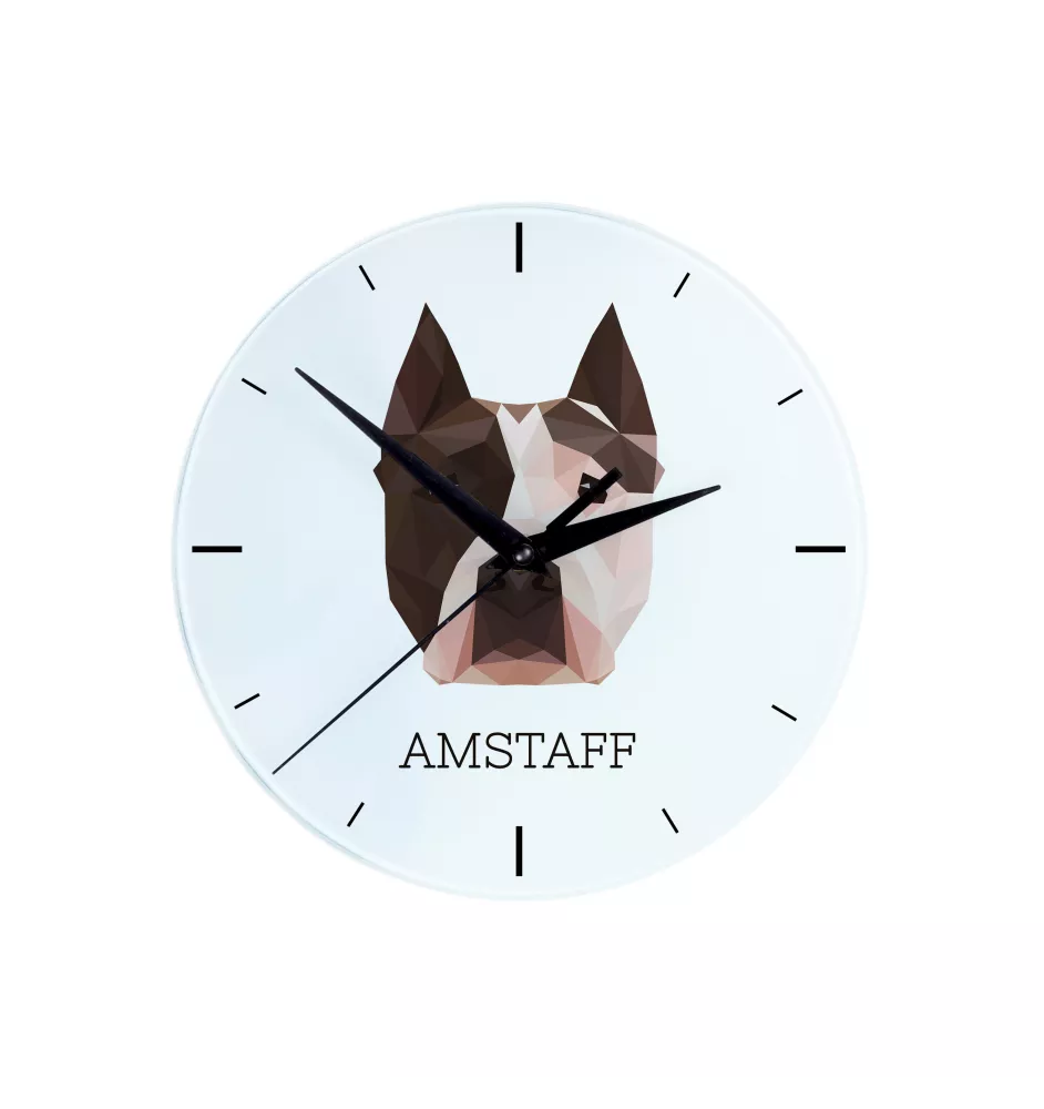 American Staffordshire Terrier, Amstaff - geometrische Wanduhr mit Bild und Aufschrift der Marke Art-Dog