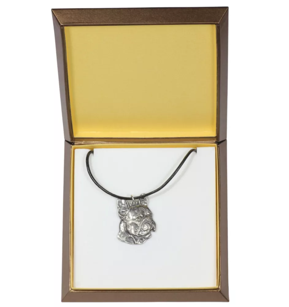 Französische Bulldogge I - Hundehalsband in Geschenkbox, versilbertes Medaillon für Hundefans, markanter Anhänger der Marke Art-Dog