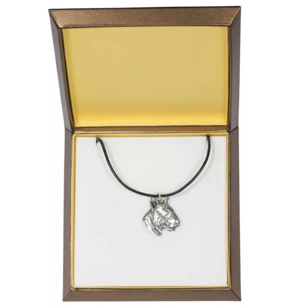 Bull Terrier, Bullterrier III - Hundehalsband in Geschenkbox, versilbertes Medaillon für Hundefans, markanter Anhänger der Marke Art-Dog