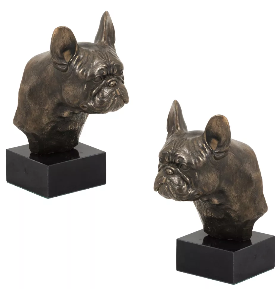 Bouledogue français II - Statue de chien, buste sur socle en pierre, sculpture, trophée pour exposition canine par la marque Art-Dog