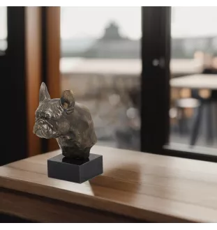 Französische Bulldogge II - Hundestatue, Büste auf Steinsockel, Skulptur, Trophäe für Hundeausstellung der Marke Art-Dog