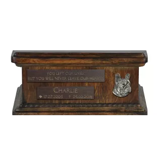 French Bulldog, Frenchie II - urn for dog ashes, personalized urn with a statue, wooden urn with a dog by Art-Dog brand