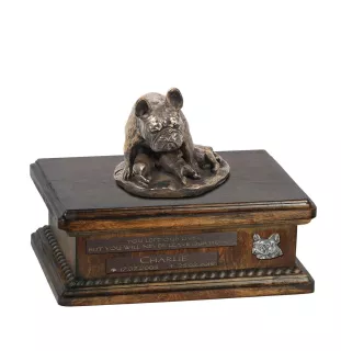 French Bulldog, Frenchie III - urn for dog ashes, personalized urn with a statue, wooden urn with a dog by Art-Dog brand