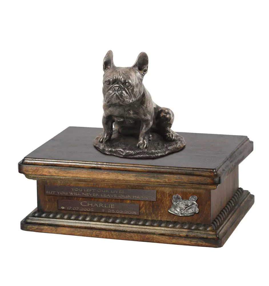Französische Bulldogge IV urne in Hundeasche, personalisierte Urne mit Statue, Holzurne mit Hund von Art-Dog