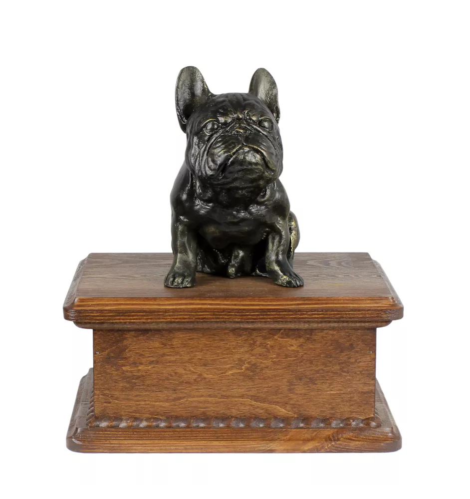 Französische Bulldogge - Eine Urne für die Asche eines Hundes mit einer Statue, eine personalisierte hölzerne Urne, eine kleine Urne für Hundeschnuppen der Marke Art-Dog.