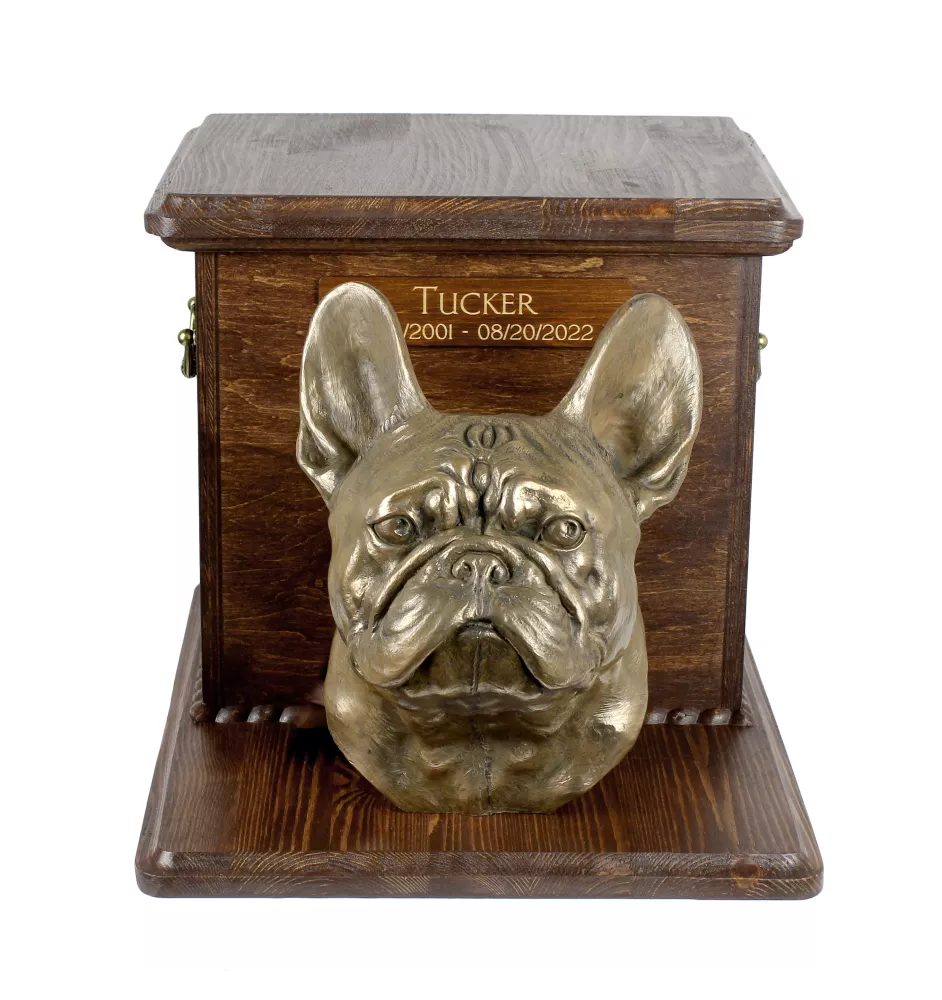 Bouledogue français - une grande urne pour les cendres du chien, une urne en bois avec la tête du chien, une boîte pour les cendres de chien de la marque Art-Dog
