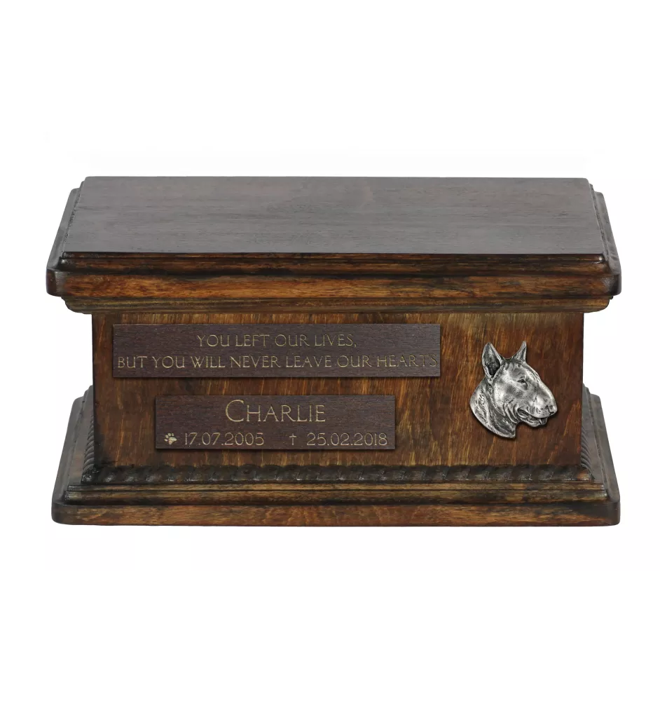 Bull Terrier, Bullterrier III - hölzerne Urne für die Asche eines Hundes, personalisierte Urne mit Gravur, kleine Urne für Hundesasche von der Marke Art-Dog