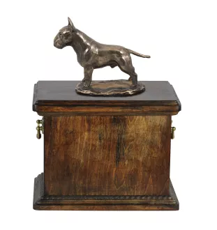 Bull Terrier, Bullterrier eine Urne für die Asche des Hundes, eine Urne mit einer Statue, eine elegante Urne im klassischen Stil der Marke Art-Dog