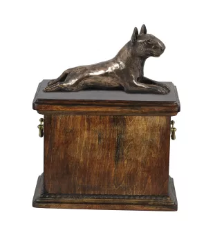 Bull Terrier, Bullterrier I eine Urne für die Asche des Hundes, eine Urne mit einer Statue, eine elegante Urne im klassischen Stil der Marke Art-Dog