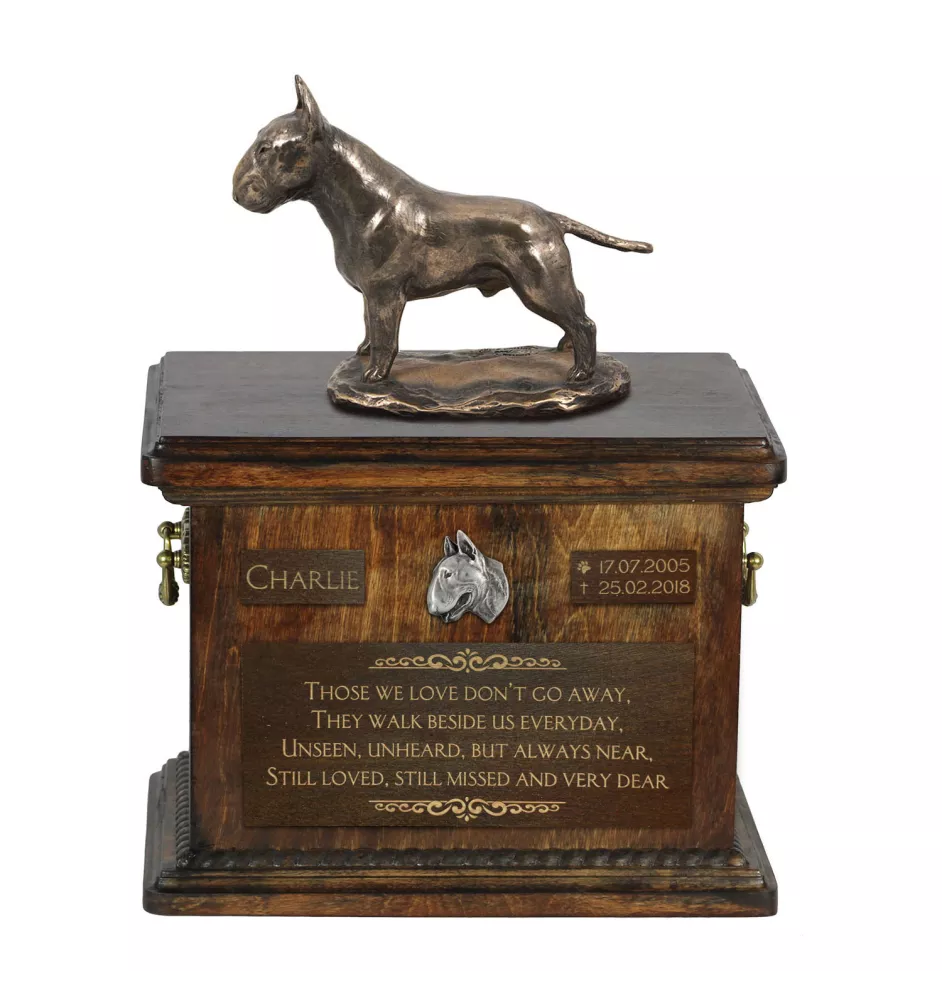 Bull Terrier, Bully - urn for dog ashes, urn with a statuette, personalized urn for dog ashes by Art-Dog brand