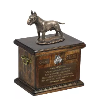 Bull Terrier, Bullterrier I - Eine Urne für die Asche eines Hundes, eine Urne mit einer Statue, eine personalisierte Hundeurne von der Marke Art-Dog.
