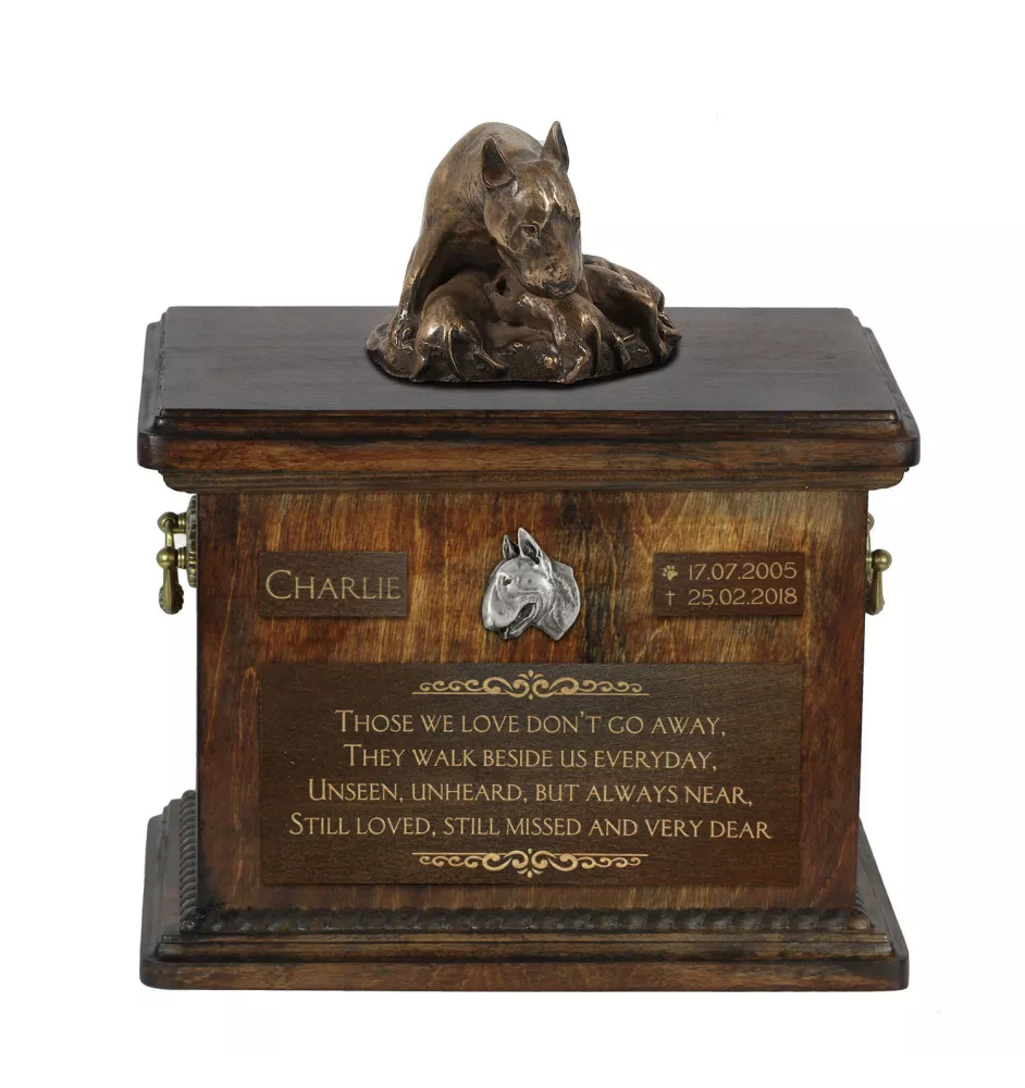 Bull Terrier VII - urn for dog ashes, urn with a statuette, personalized urn for dog ashes by Art-Dog brand