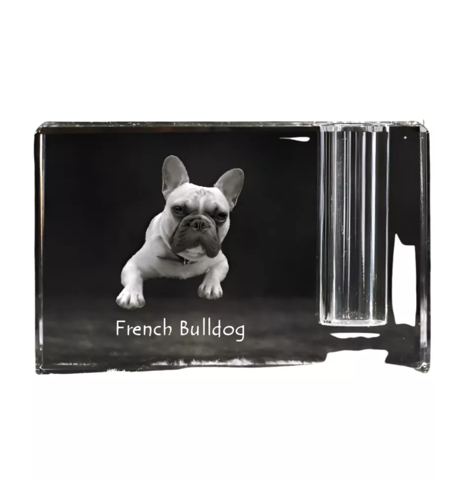 French Bulldog, Frenchie - Pen stand, crystal organiser with dog photo, unique desk decoration by Art-Dog brand