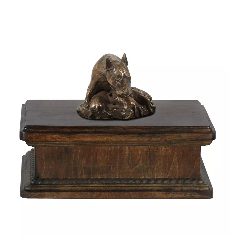 Bull Terrier, Bully V - urn for dog ashes, classic urn with a statuette, elegant urn with a dog by Art-Dog brand