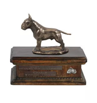 Bull Terrier - urne pour cendres de chien, urne personnalisée avec une statuette, urne en bois avec un chien de la marque Art-Dog
