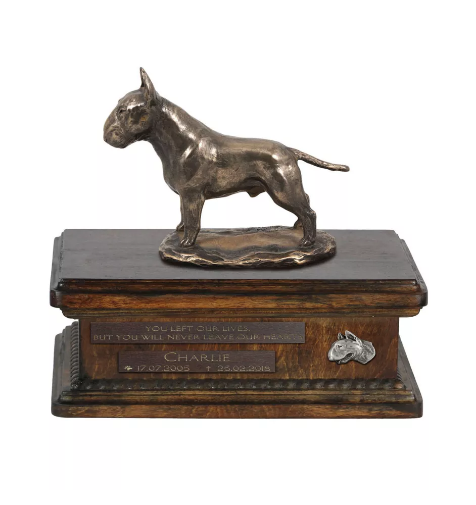 Bull Terrier, Bullterrier urne in Hundeasche, personalisierte Urne mit Statue, Holzurne mit Hund von Art-Dog