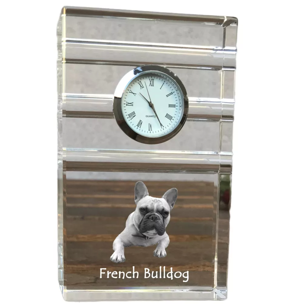 Französische Bulldogge - Glasuhr mit Foto, Foto eines Hundes im Kristall, personalisierte Tischuhr für das Büro der Marke Art-Dog