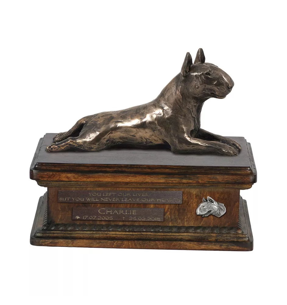 Bull Terrier III - urne pour cendres de chien, urne personnalisée avec une statuette, urne en bois avec un chien de la marque Art-Dog