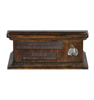 Bull Terrier III - urne pour cendres de chien, urne personnalisée avec une statuette, urne en bois avec un chien de la marque Art-Dog