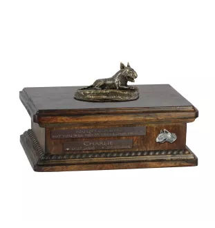 Bull Terrier, Bullterrier V urne in Hundeasche, personalisierte Urne mit Statue, Holzurne mit Hund von Art-Dog