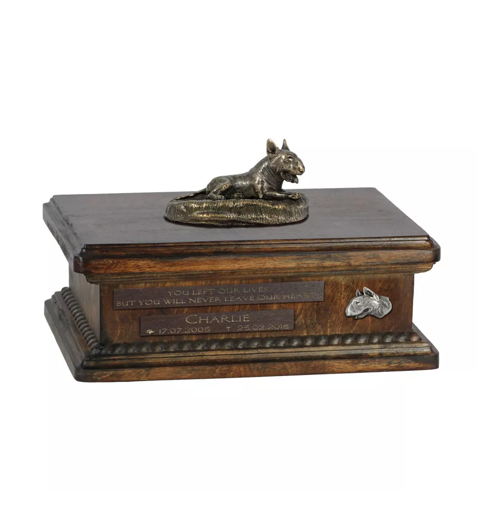 Bull Terrier V - urne pour cendres de chien, urne personnalisée avec une statuette, urne en bois avec un chien de la marque Art-Dog