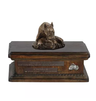 Bull Terrier VII - urn for dog ashes, personalized urn with a statue, wooden urn with a dog by Art-Dog brand