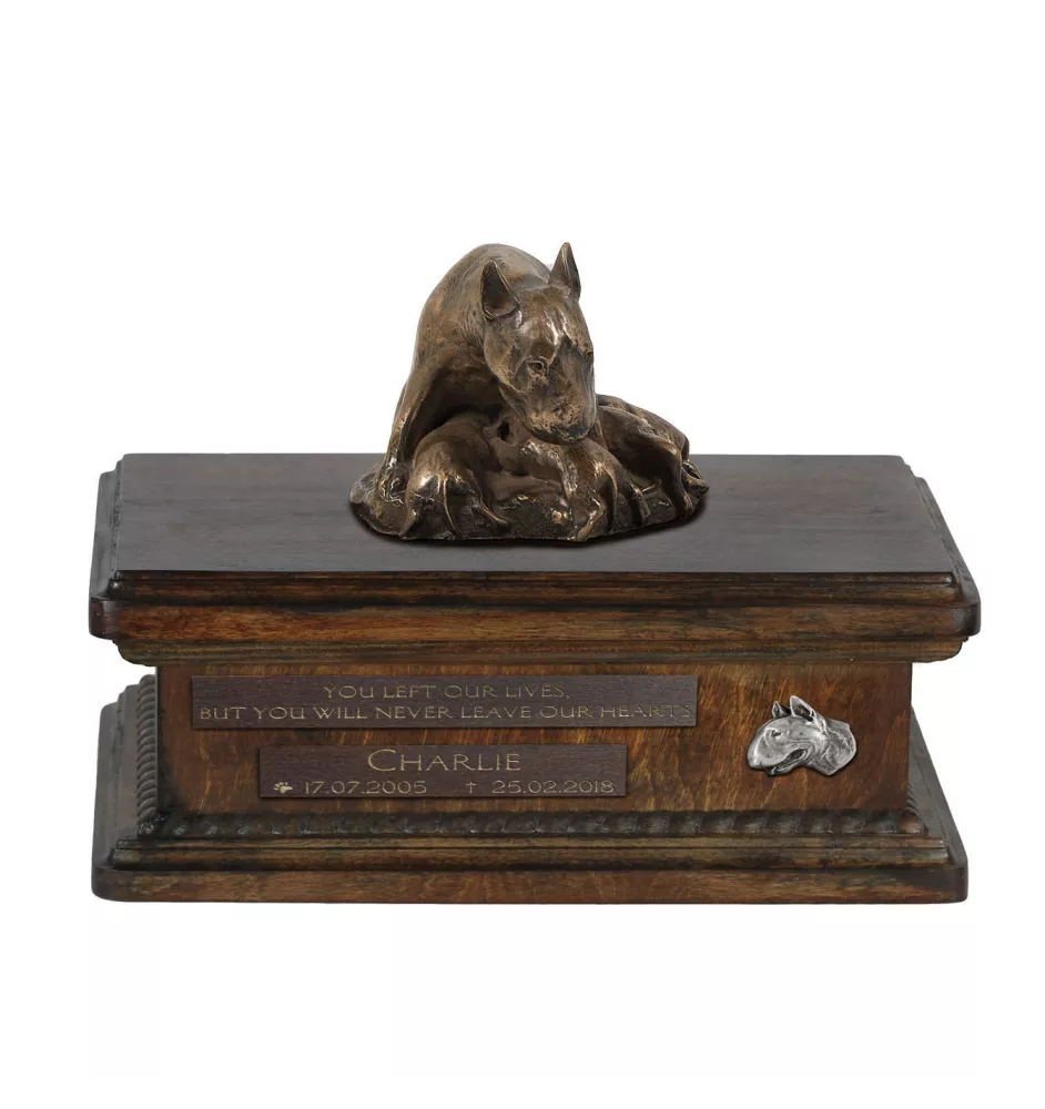 Bull Terrier VII - urn for dog ashes, personalized urn with a statue, wooden urn with a dog by Art-Dog brand