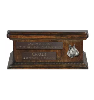 Bull Terrier VIII - urn for dog ashes, personalized urn with a statue, wooden urn with a dog by Art-Dog brand