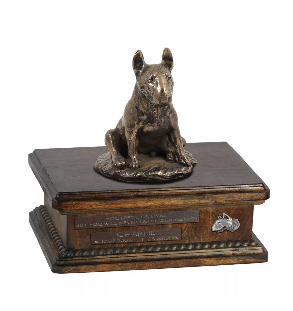 Bull Terrier IX - urne pour cendres de chien, urne personnalisée avec une statuette, urne en bois avec un chien de la marque Art-Dog