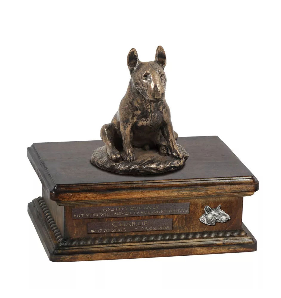 Bull Terrier X - urn for dog ashes, personalized urn with a statue, wooden urn with a dog by Art-Dog brand