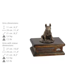 Bull Terrier X - urn for dog ashes, personalized urn with a statue, wooden urn with a dog by Art-Dog brand