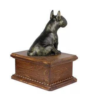 Bull Terrier, Bullterrier - Eine Urne für die Asche eines Hundes mit einer Statue, eine personalisierte hölzerne Urne, eine kleine Urne für Hundeschnuppen der Marke Art-Dog.