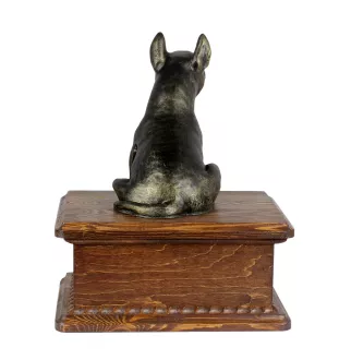 Bull Terrier, Bullterrier - Eine Urne für die Asche eines Hundes mit einer Statue, eine personalisierte hölzerne Urne, eine kleine Urne für Hundeschnuppen der Marke Art-Dog.