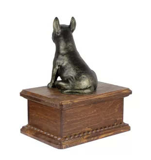 Bull Terrier, Bully - urn for dog ashes with a statuette, personalized wooden urn, small urn for dog ashes by Art-Dog brand