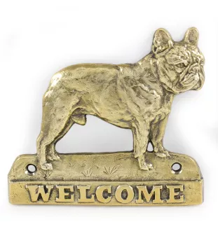 Bouledogue français - une plaque de porte avec un chien, une plaque de bienvenue en laiton, une enseigne exceptionnelle avec l'inscription Welcome de la marque Art-Dog