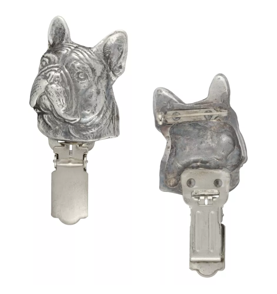 Französische Bulldogge - Brosche mit Clip, Startnummernhalter, versilberte Anstecknadel für Hundeausstellungen der Marke Art-Dog