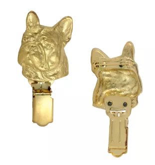 French Bulldog, Frenchie - brooch with a clip, gold-plated holder for a race number, elegant dog show pin from Art-Dog brand