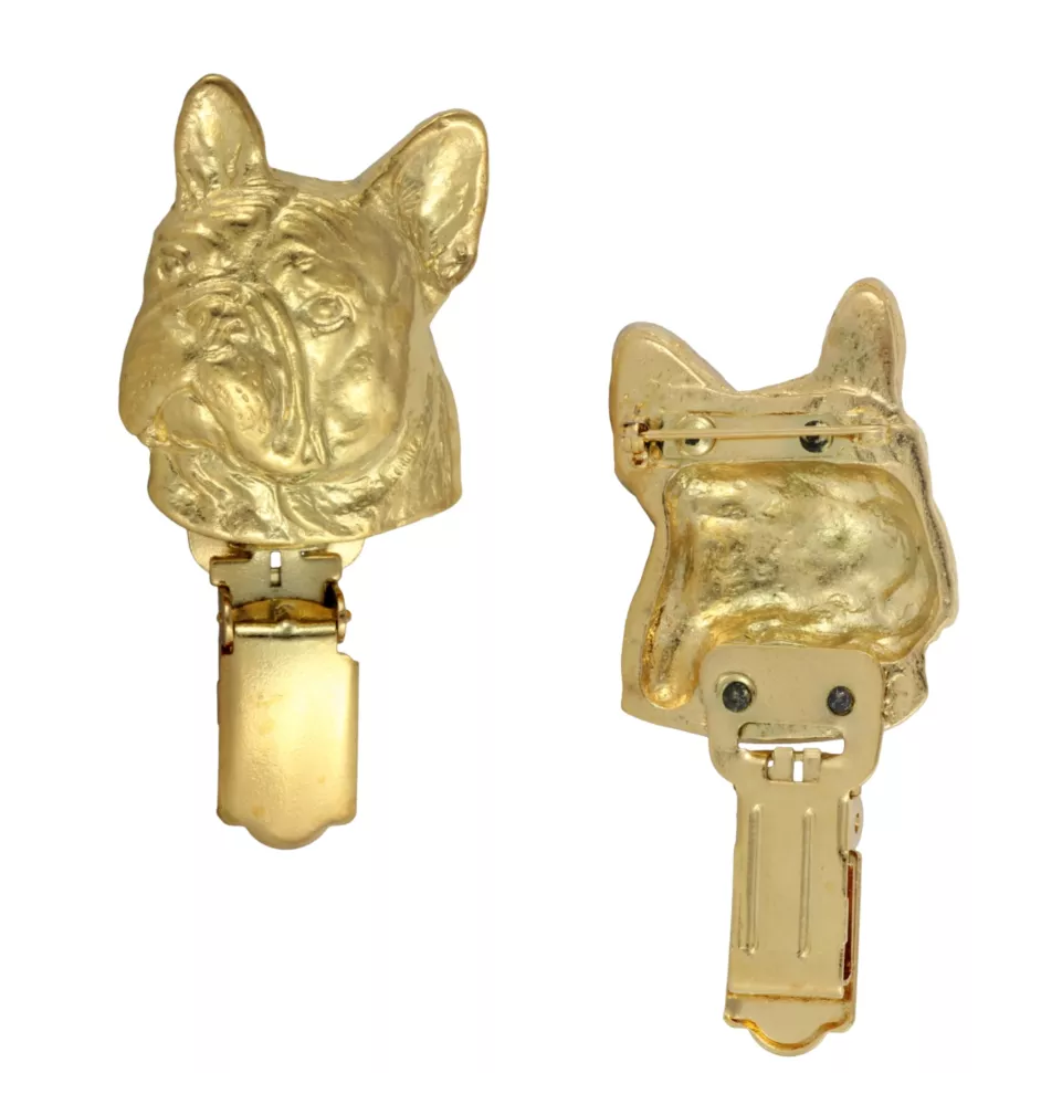 Französische Bulldogge - Brosche mit Clip, vergoldeter Startnummernhalter, elegante Hundeaustellungsnadel der Marke Art-Dog