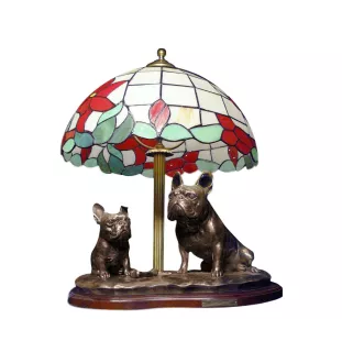 Französische Bulldogge - Lampe mit einem Lampenschirm aus Tiffanyglas, Tischlampe mit einer Hunde-Statuette, Inneneinrichtung im Retro-Stil der Marke Art-Dog