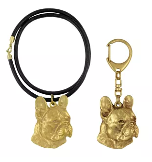 Bouledogue français I - porte-clés et collier avec chien dans une boîte, produit plaqué or de haute qualité, marque Art-Dog